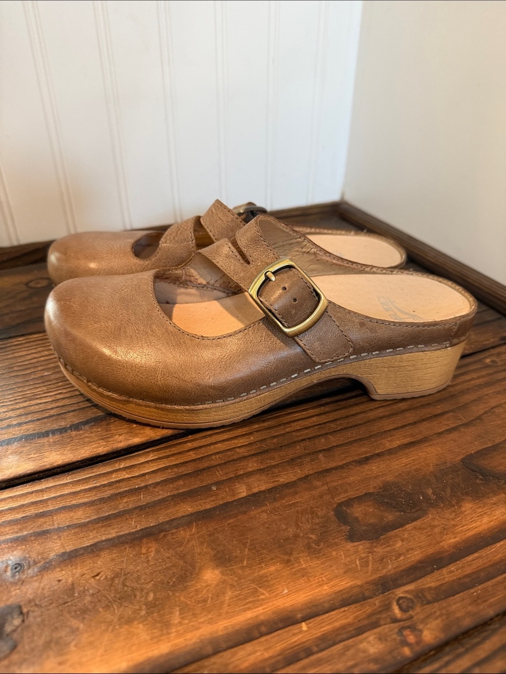Dansko Tan Leather Mary Jane Style Brittney Clog Mules with Buckle